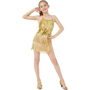 image:imageLOLANTA 2Pcs Girls Sequin Fringe Dress Salsa Cha Cha Tassel Latin Dance Dress amp Shorts Adjustable Spaghetti Strap 513 YrsGold