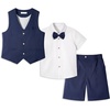 image:imageLOLANTA Boys Linen Suit 4 Piece Summer Gentleman Outfit Kids Dress Vest Shirt Shorts Set for Beach Wedding GraduationNavy