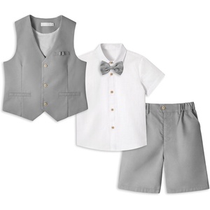 image:imageLOLANTA Boys Linen Suit 4 Piece Summer Gentleman Outfit Kids Dress Vest Shirt Shorts Set for Beach Wedding GraduationGrey
