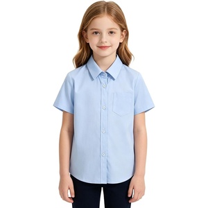image:imageLOLANTA Girls Short Sleeve Button Down Shirts Kids Stretch Summer Dress Shirts Stain Repellent Uniform Blouse with PocketLightblue