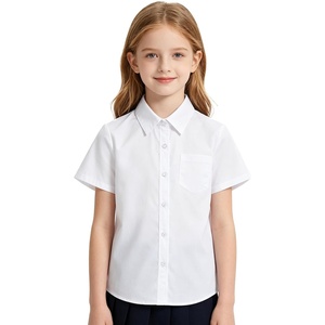 image:imageLOLANTA Girls Short Sleeve Button Down Shirts Kids Stretch Summer Dress Shirts Stain Repellent Uniform Blouse with PocketWhite